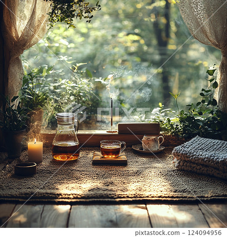A soothing ambiance with tea, incense, and a tranquil view through a sunlit window, creating a cozy escape. A soothing ambiance with tea, incense, and a tranquil view through a sunlit window, creating a cozy escape. 124094956