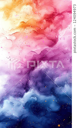 A vibrant watercolor painting blends warm yellow, red, pink, purple, and blue tones in an abstract design. 124094973