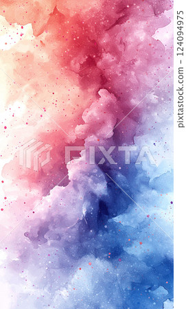 A vivid watercolor painting blends red, pink, purple, and blue in a soft, cloud-like texture. 124094975