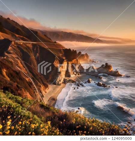 Twilight Beauty: Big Sur Cliffs Embraced by Sunset 124095000