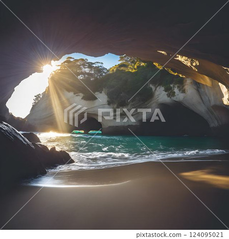 Nature Light Show: Sunrays Through Cathedral Cove Sea Cave 124095021