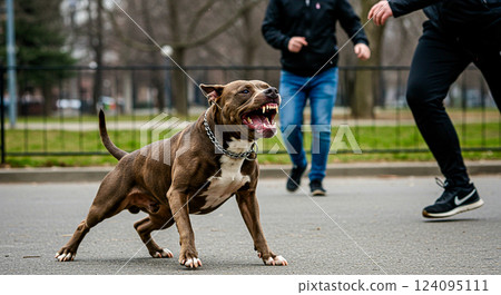 An angry pit bull dog approaches a person An angry pit bull dog approaches a person 124095111