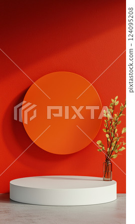 modern display featuring circular orange backdrop against vibrant red wall, complemented by white podium and vase with greenery, creating striking modern display featuring circular orange backdrop against vibrant red wall, complemented by white podium and vase with greenery, creating striking 124095208