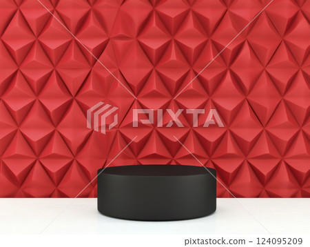 modern black podium stands against textured red wall, creating striking visual contrast perfect for virtual events 124095209