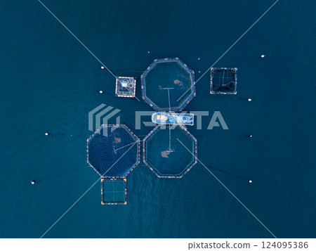 Aquaculture rafts and fishing boats on the sea 124095386