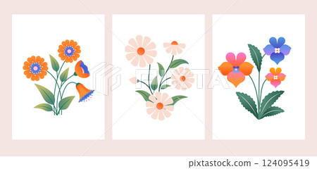 Daisy and Wildflowers Botanical Illustration 124095419