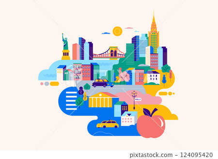 Colorful Flat Vector Illustration of New York City Skyline with NYC Famous Landmarks. Big Apple 124095420