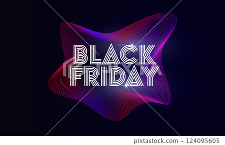 Black Friday sale banner with glowing neon waves and modern striped typography. Futuristic background with vibrant gradient blending lines. Perfect for promo, ads, marketing. Vector illustration 124095605