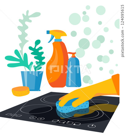 Cleaning concept. Hellow gloved hand cleaning electric cooktop with sponge in kitchen. Vector illustration in flat style Cleaning concept. Hellow gloved hand cleaning electric cooktop with sponge in kitchen. Vector illustration in flat style 124095615