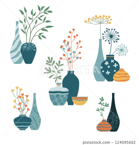 Decorative elements collection of vases for your interior design. Flowers and plants in vases. Flat vector set 124095682