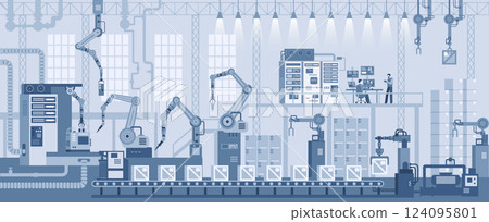 Industrial zone. Assembly line with robotic arms flat illustration. Automated production process, high tech machinery. Factory manufacturing industrial line  124095801