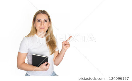 Young blonde business woman wear white shirt white t-shirt writing down in notebook diary remind memories make list dreams isolated on white background studio People lifestyle concept Young blonde business woman wear white shirt white t-shirt writing down in notebook diary remind memories make list dreams isolated on white background studio People lifestyle concept 124096157