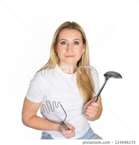Photo of young hungry lady holding kitchen utensils preparing to eat breakfast wear white new shirt isolated on white background 124096235