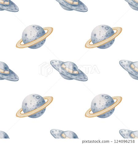 Watercolor seamless Pattern with Planets and UFOs. Illustration of childish Space background wot wrapping paper or textile design. Ornament in pastel colors with Cosmos objects for kids fabric. Watercolor seamless Pattern with Planets and UFOs. Illustration of childish Space background wot wrapping paper or textile design. Ornament in pastel colors with Cosmos objects for kids fabric. 124096258