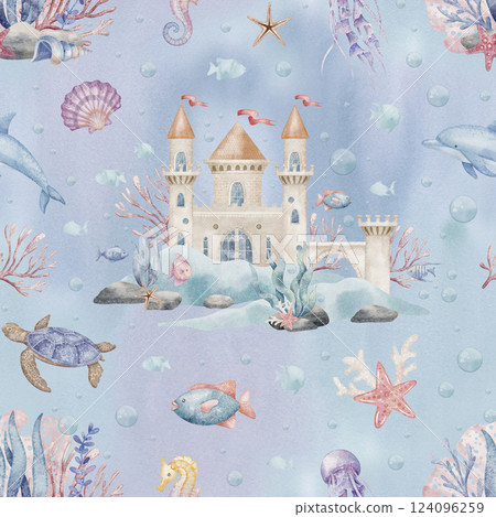 Seamless watercolor pattern with underwater Castle and seabed. Illustration of marine background with corals, seaweed, fish, and bubbles for childish linen or kids wrapping paper. Ornament for baby. Seamless watercolor pattern with underwater Castle and seabed. Illustration of marine background with corals, seaweed, fish, and bubbles for childish linen or kids wrapping paper. Ornament for baby. 124096259