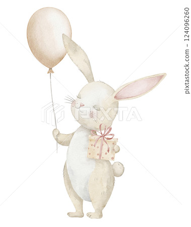 Watercolor illustration of a standing Bunny holding a Balloon and a small gift box. Drawing of cute animal for childish Birthday greeting cards or Baby shower invitations. Art for kids design. 124096260