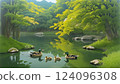 綠樹環繞的湖泊,還有一位鴨子媽媽和她的小鴨子 綠樹環繞的湖泊,還有一位鴨子媽媽和她的小鴨子 124096308