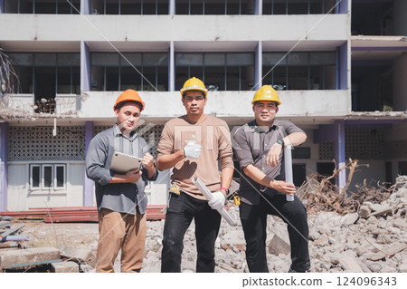 Demolition control supervisor and contractor on demolish building. Demolition control supervisor and contractor on demolish building. 124096343