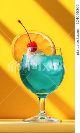 Blue Lagoon cocktail with ice cubes, garnished with an orange slice and a maraschino cherry in a stemmed glass on a vibrant yellow background with tropical shadows. Blue Lagoon cocktail with ice cubes, garnished with an orange slice and a maraschino cherry in a stemmed glass on a vibrant yellow background with tropical shadows. 124096366