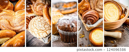 photo collage with fresh sweet buns, pastries, background for bakery or banner for baker's website with space for text. Fresh pastries buns wicker basket rustic style bakery collage 124096386