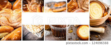 photo collage with fresh sweet buns, pastries, background for bakery or banner for baker's website with space for text. Fresh pastries buns wicker basket rustic style bakery collage photo collage with fresh sweet buns, pastries, background for bakery or banner for baker's website with space for text. Fresh pastries buns wicker basket rustic style bakery collage 124096388
