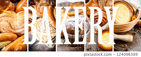 Photo collage with fresh sweet buns, in the shape of the word bakery. pastries, background for bakery or banner for baker's website with space for text 124096389