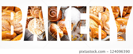Photo collage with fresh sweet buns, in the shape of the word bakery. pastries, background for bakery or banner for baker's website with space for text 124096390