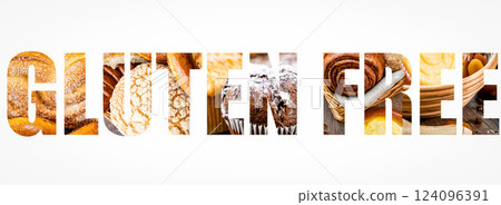 Photo collage with fresh sweet buns, in the shape of the word gluten free. pastries, background for bakery or banner for baker's website with space for text 124096391