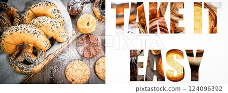 Photo collage with fresh sweet buns, in the shape of the word tske it easy. pastries, background for bakery or banner for baker's website with space for text 124096392