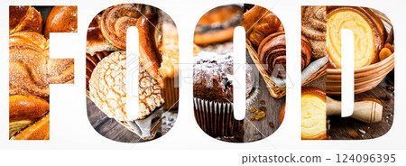 Photo collage with fresh sweet buns, in the shape of the word food. pastries, background for bakery or banner for baker's website with space for text 124096395