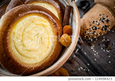 Bakery - various kinds of breadstuff. Bread rolls, baguette, bagel, sweet bun and croissant captured from above (top view, flat lay). wooden rustic background, copy space. Horizontal banner layout. Bakery - various kinds of breadstuff. Bread rolls, baguette, bagel, sweet bun and croissant captured from above (top view, flat lay). wooden rustic background, copy space. Horizontal banner layout. 124096423