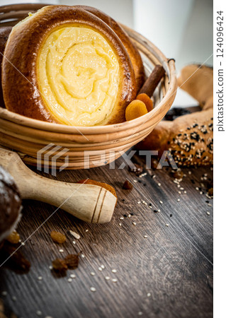 Bakery - various kinds of breadstuff. Bread rolls, baguette, bagel, sweet bun and croissant captured from above (top view, flat lay). wooden rustic background, copy space. Vertical banner layout. Bakery - various kinds of breadstuff. Bread rolls, baguette, bagel, sweet bun and croissant captured from above (top view, flat lay). wooden rustic background, copy space. Vertical banner layout. 124096424