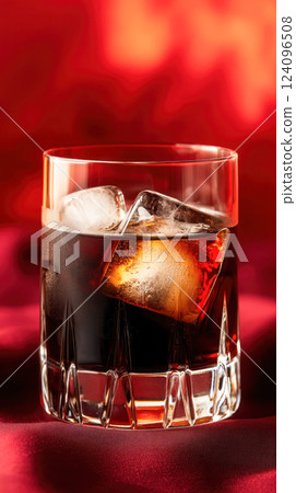 Black Russian cocktail served in a glass with large ice cubes, placed on a red fabric background with warm lighting, creating a luxurious and elegant atmosphere. Black Russian cocktail served in a glass with large ice cubes, placed on a red fabric background with warm lighting, creating a luxurious and elegant atmosphere. 124096508