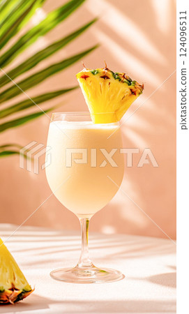 Pina colada cocktail with a creamy texture, garnished with a fresh pineapple slice in a tall glass on a pastel pink tropical background. Pina colada cocktail with a creamy texture, garnished with a fresh pineapple slice in a tall glass on a pastel pink tropical background. 124096511