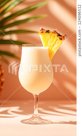 Pina colada cocktail with a creamy texture, garnished with a fresh pineapple slice in a tall glass on a pastel pink tropical background. Pina colada cocktail with a creamy texture, garnished with a fresh pineapple slice in a tall glass on a pastel pink tropical background. 124096512
