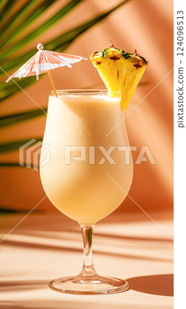Pina colada cocktail with a creamy texture, garnished with a fresh pineapple slice and a paper umbrella in a tall glass on a pastel pink tropical background. 124096513