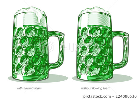 Dimpled glass mug with green Irish beer for celebration St. Patrick's Day, in styles of retro graphic, vintage engraving, woodcut, line art. Vector illustration is hand-drawn by human, without tracing 124096536