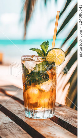 Mojito cocktail with ice cubes, fresh mint leaves, lime slice, and a black straw in a tall glass on a wooden table with a blurred tropical background. 124096543