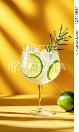 Gin and tonic cocktail with ice cubes, lime slices, and a sprig of rosemary in a large glass on a vibrant yellow background with tropical shadows. 124096544