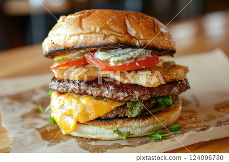 Smash burger with cheese on wooden table Smash burger with cheese on wooden table 124096780