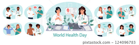 World Health Day. Set of diverse doctors characters. Doctors and patients of different races and ages. Male and female doctors talking to patients during consultation. Illustrations in cartoon style. 124096783