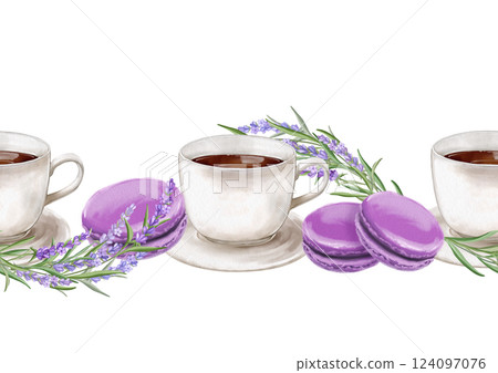 Seamless border. Cup of coffee and french macaroon cakes with lavender taste and flowers. Seamless border. Cup of coffee and french macaroon cakes with lavender taste and flowers. 124097076