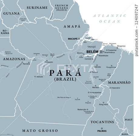 Para, a state in Brazil, gray political map, with capital Belem. Traversed by Amazon River, bordering Guyana, Suriname, and the states of Amapa, Maranhao, Tocantins, Mato Grosso, Amazonas and Roraima. 124097247