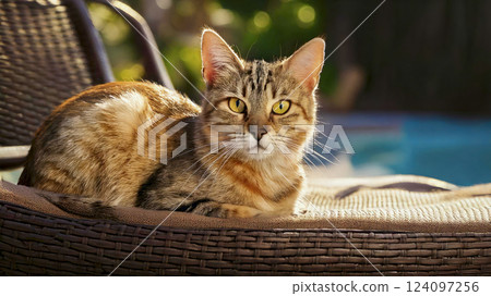 A cat sitting on a chair and looking at the camera 124097256