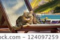 A cat sitting on a chair and looking at the camera 124097259