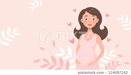 Cute pregnant woman with flowers on pink background with floral elements. Flat illustration. 124097282