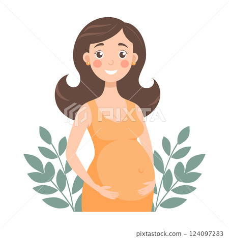 Cute pregnant woman with long hair with her hands on her belly. Flat illustration. Cute pregnant woman with long hair with her hands on her belly. Flat illustration. 124097283