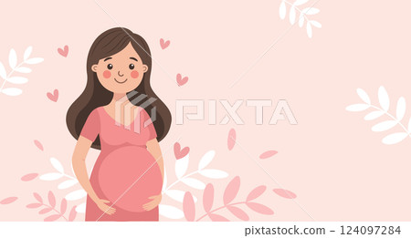 Cute pregnant woman with flowers on pink background with floral elements. Flat illustration. Cute pregnant woman with flowers on pink background with floral elements. Flat illustration. 124097284