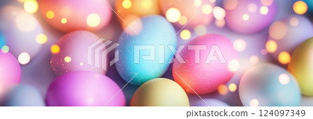 Colorful eggs in neon shades create a festive Easter atmosphere with holographic highlights 124097349