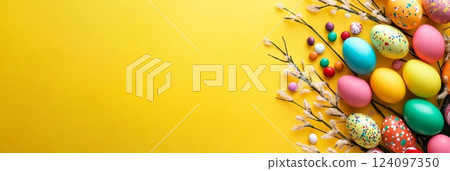 Playful display of multicolored eggs, candy, and decorations brightens the festive atmosphere for Easter Playful display of multicolored eggs, candy, and decorations brightens the festive atmosphere for Easter 124097350